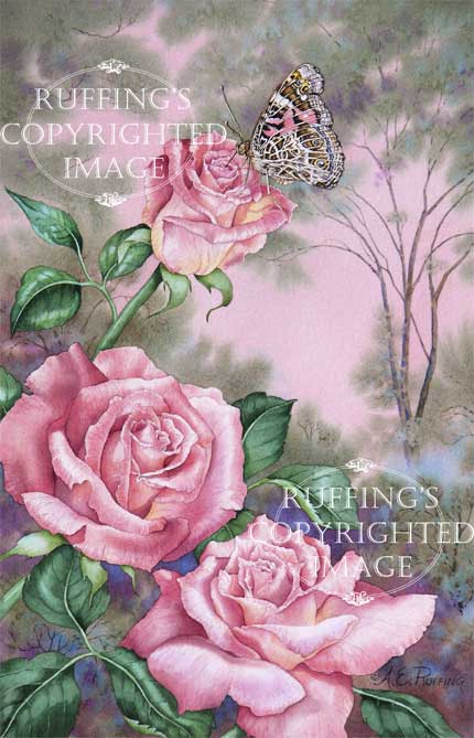 "Pink Roses and a Painted Lady" AER16 by A E Ruffing Butterfly