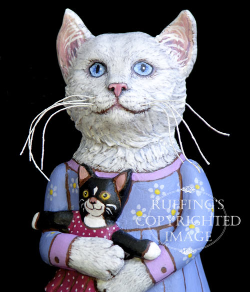 Lily and Caroline, Original One-of-a-kind White and Tuxedo Cat Folk Art Doll Figurine by Max Bailey