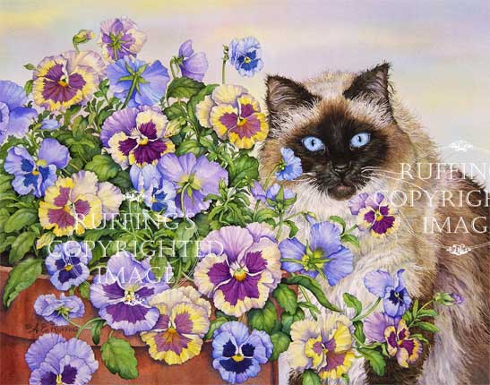 "Ragdoll and Pansies" AER70 by A E Ruffing Ragdoll Cat