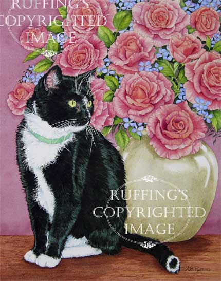 "Tuxedo and Roses" AER79 by A E Ruffing Tuxedo Black and White Cat