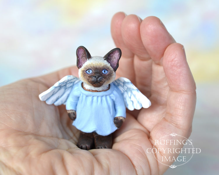 Aerial, miniature angel Siamese cat art doll, handmade original, one-of-a-kind kitten by artist Max Bailey