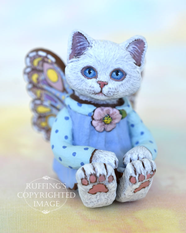 Alissandra, miniature white fairy cat art doll, handmade original, one-of-a-kind kitten by artist Max Bailey