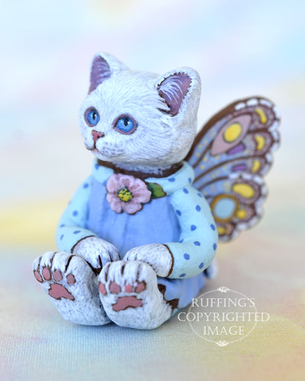 Alissandra, miniature white fairy cat art doll, handmade original, one-of-a-kind kitten by artist Max Bailey