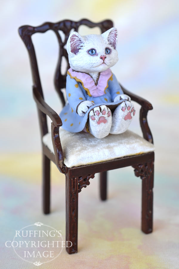 Alyssa, miniature white cat art doll, handmade original, one-of-a-kind kitten by artist Max Bailey