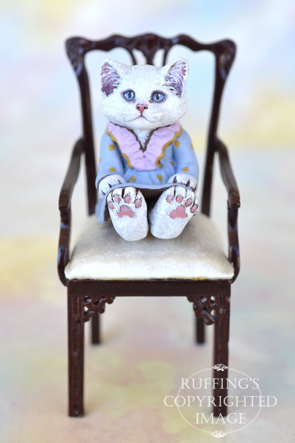 Alyssa, miniature white cat art doll, handmade original, one-of-a-kind kitten by artist Max Bailey
