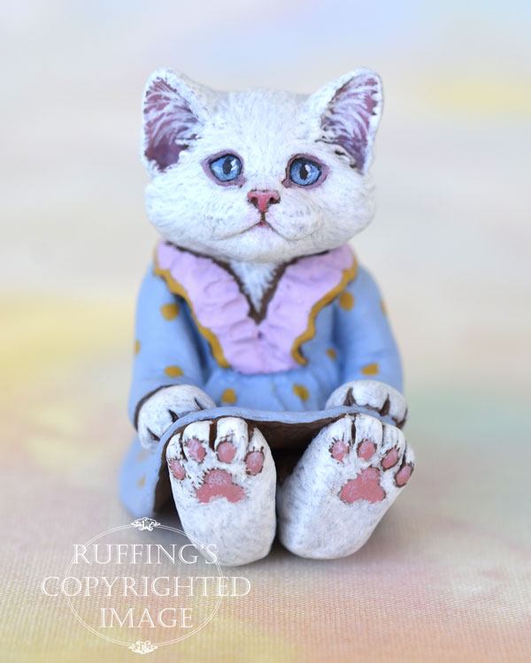 Alyssa, miniature white cat art doll, handmade original, one-of-a-kind kitten by artist Max Bailey