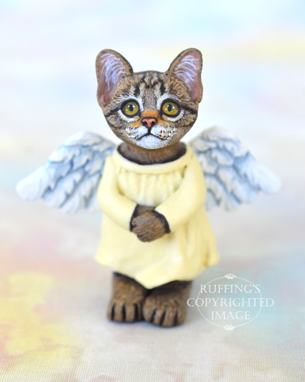 Angie, miniature angel tabby cat art doll, handmade original, one-of-a-kind kitten by artist Max Bailey