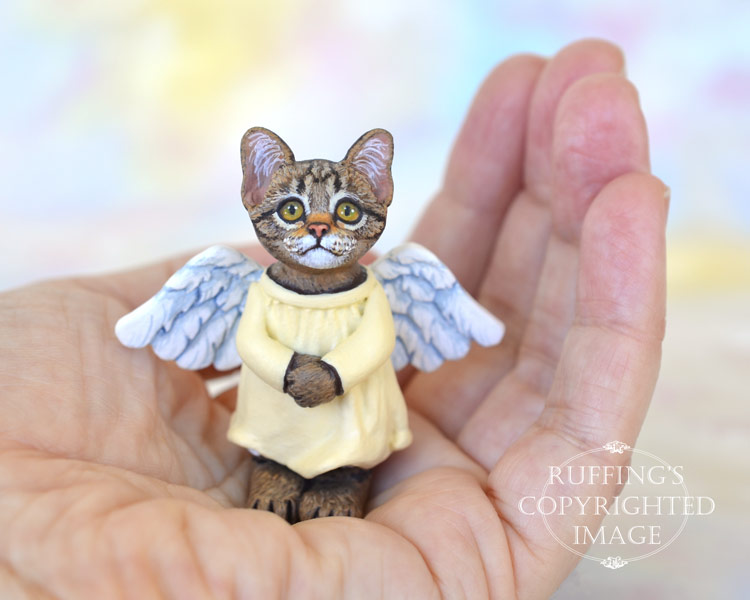 Angie, miniature angel tabby cat art doll, handmade original, one-of-a-kind kitten by artist Max Bailey