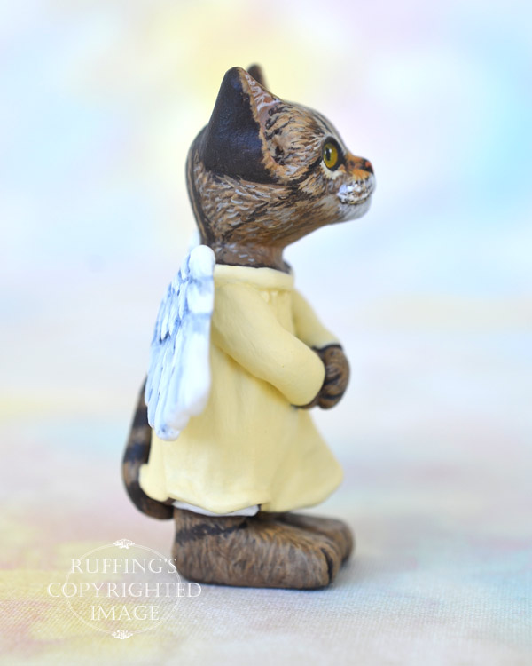 Angie, miniature angel tabby cat art doll, handmade original, one-of-a-kind kitten by artist Max Bailey