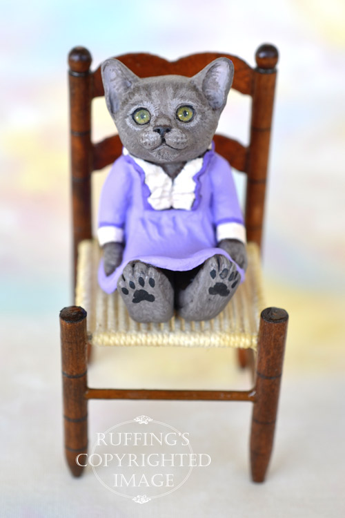 Annette, miniature Russian Blue cat art doll, handmade original, one-of-a-kind kitten by artist Max Bailey