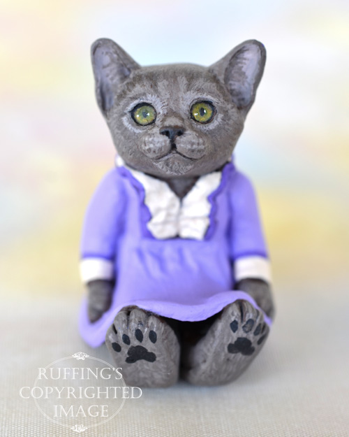 Annette, miniature Russian Blue cat art doll, handmade original, one-of-a-kind kitten by artist Max Bailey