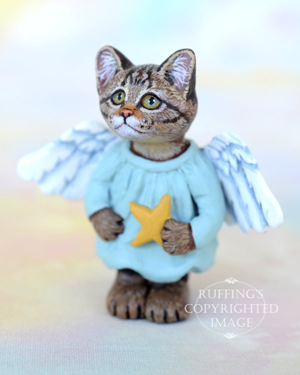 Astrid, miniature angel tabby cat art doll, handmade original, one-of-a-kind kitten by artist Max Bailey