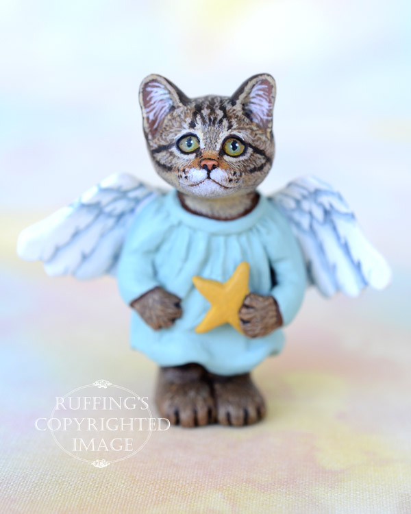 Leila, miniature Norwegian Forest angel tabby cat art doll, handmade original, one-of-a-kind kitten by artist Max Bailey