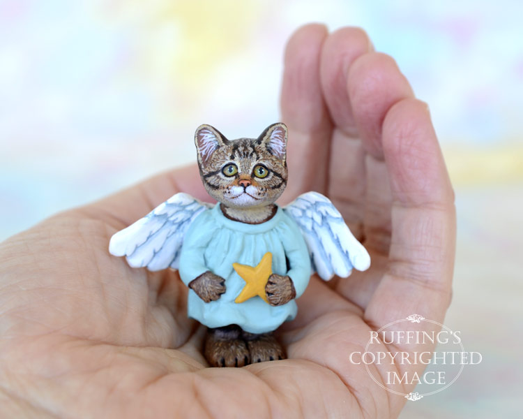 Astrid, miniature angel tabby cat art doll, handmade original, one-of-a-kind kitten by artist Max Bailey