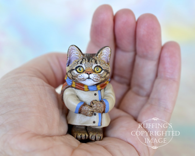 Audrey, miniature tabby Maine Coon cat art doll, handmade original, one-of-a-kind kitten by artist Max Bailey