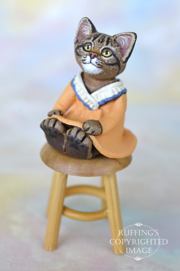 Augusta, miniature tabby cat art doll, handmade original, one-of-a-kind kitten by artist Max Bailey