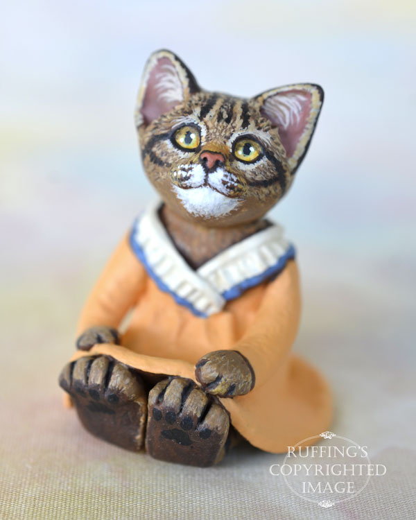 Augusta, miniature tabby cat art doll, handmade original, one-of-a-kind kitten by artist Max Bailey