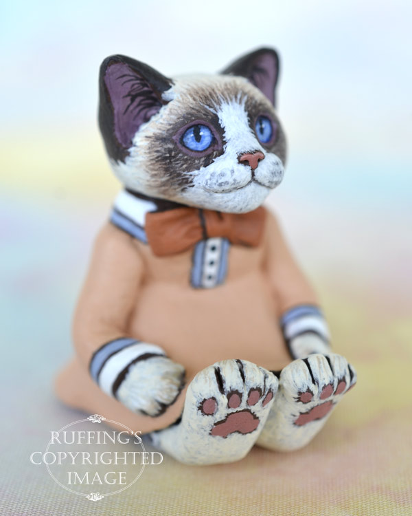 Becka, miniature bi-color Ragdoll cat art doll, handmade original, one-of-a-kind kitten by artist Max Bailey