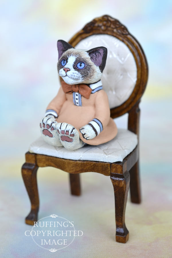 Becka, miniature bi-color Ragdoll cat art doll, handmade original, one-of-a-kind kitten by artist Max Bailey
