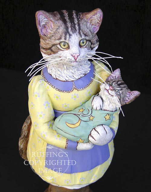 Belinda and BoBo, Original One-of-a-kind Tabby Cat Mother and Kitten Folk Art Doll Figurine by Max Bailey