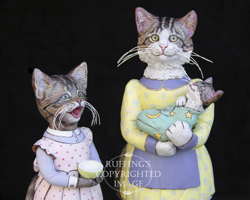 Belinda and BoBo, Original One-of-a-kind Folk Art Tabby Cat and Kitten Doll Figurine by Max Bailey