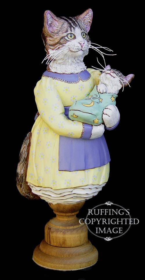 Belinda and BoBo, Original One-of-a-kind Folk Art Tabby Cat and Kitten Doll Figurine by Max Bailey