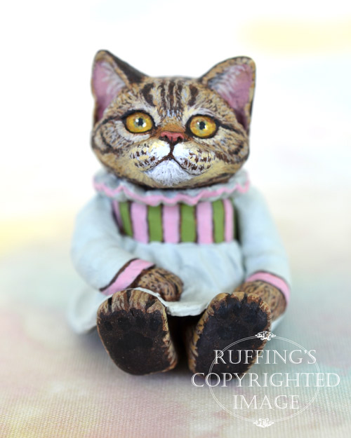 Bernadette, miniature American Shorthair tabby cat art doll, handmade original, one-of-a-kind kitten by artist Max Bailey