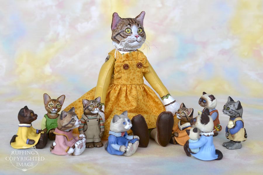 Betsy, tabby-and-white Maine Coon cat art doll, handmade original, one-of-a-kind by artist Max Bailey