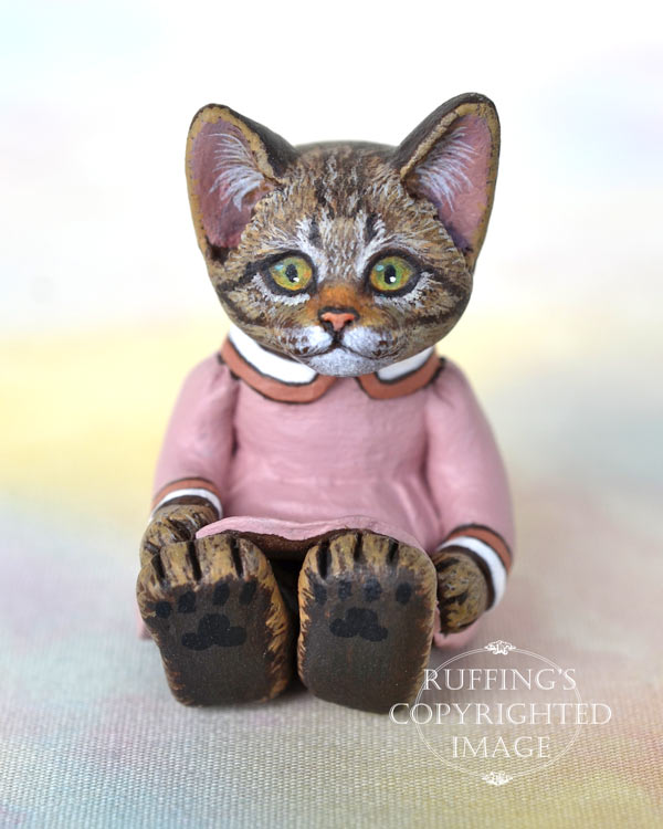 Bitsy, miniature tabby cat art doll, handmade original, one-of-a-kind kitten by artist Max Bailey