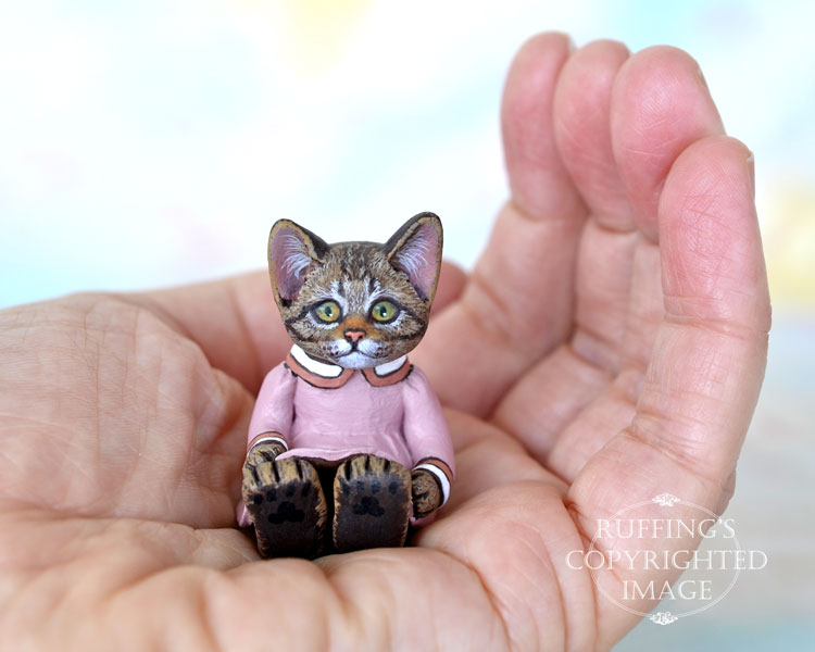 Bitsy, miniature tabby cat art doll, handmade original, one-of-a-kind kitten by artist Max Bailey