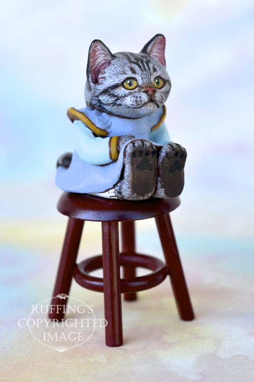 Brenda, miniature American Shorthair silver tabby cat art doll, handmade original, one-of-a-kind kitten by artist Max Bailey