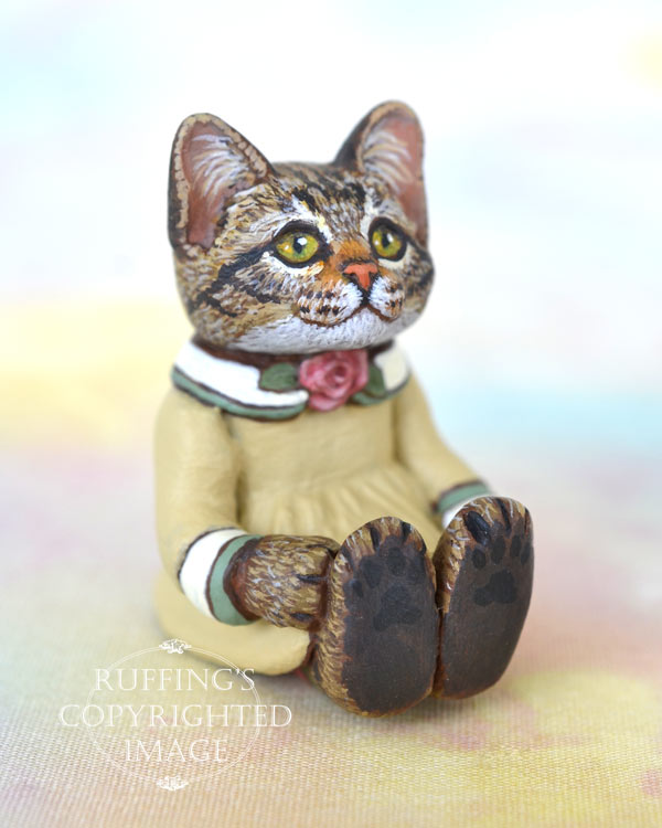 Brittany, miniature tabby cat art doll, handmade original, one-of-a-kind kitten by artist Max Bailey