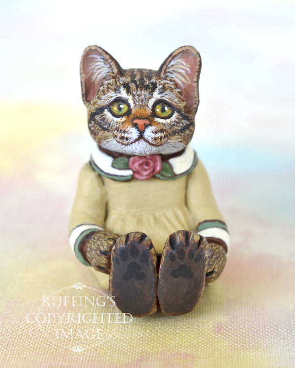 Brittany, miniature tabby cat art doll, handmade original, one-of-a-kind kitten by artist Max Bailey