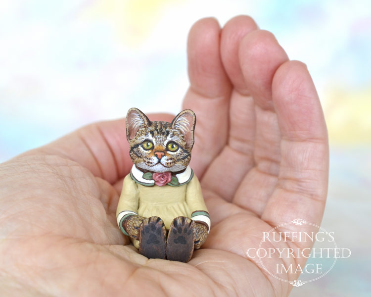 Brittany, miniature tabby cat art doll, handmade original, one-of-a-kind kitten by artist Max Bailey