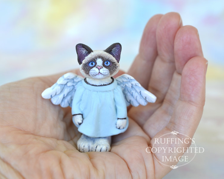 Callinda, miniature angel bi-color Ragdoll cat art doll, handmade original, one-of-a-kind kitten by artist Max Bailey