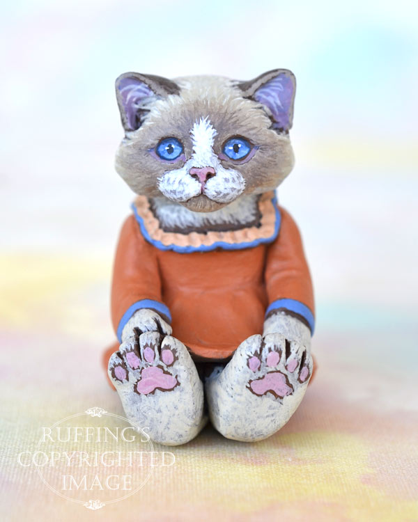 Calypso, miniature Ragdoll cat art doll, handmade original, one-of-a-kind kitten by artist Max Bailey