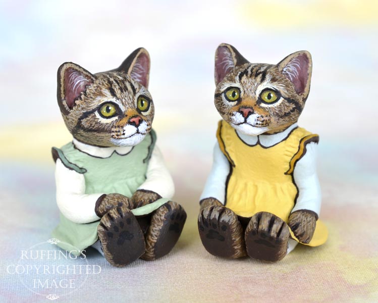 Carly and Cora, miniature tabby cat art dolls, handmade original, one-of-a-kind kittens by artist Max Bailey