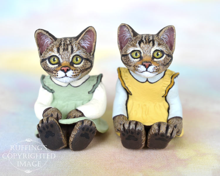 Carly and Cora, miniature tabby cat art dolls, handmade original, one-of-a-kind kittens by artist Max Bailey