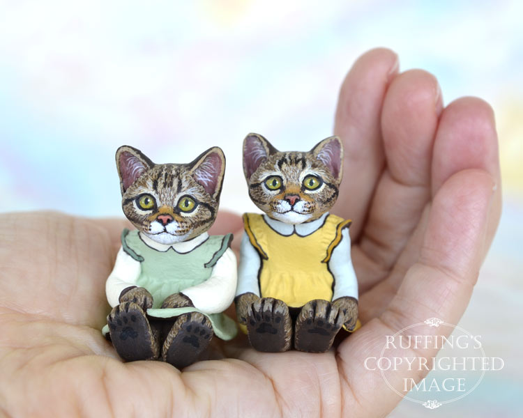 Carly and Cora, miniature tabby cat art dolls, handmade original, one-of-a-kind kittens by artist Max Bailey