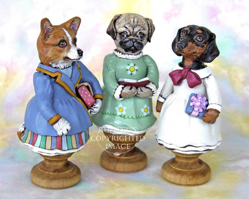 Cassie Corgi, Tillie the Pug Dog, Dinah Dachshund, Original One-of-a-kind Folk Art Doll Figurine by Max Bailey