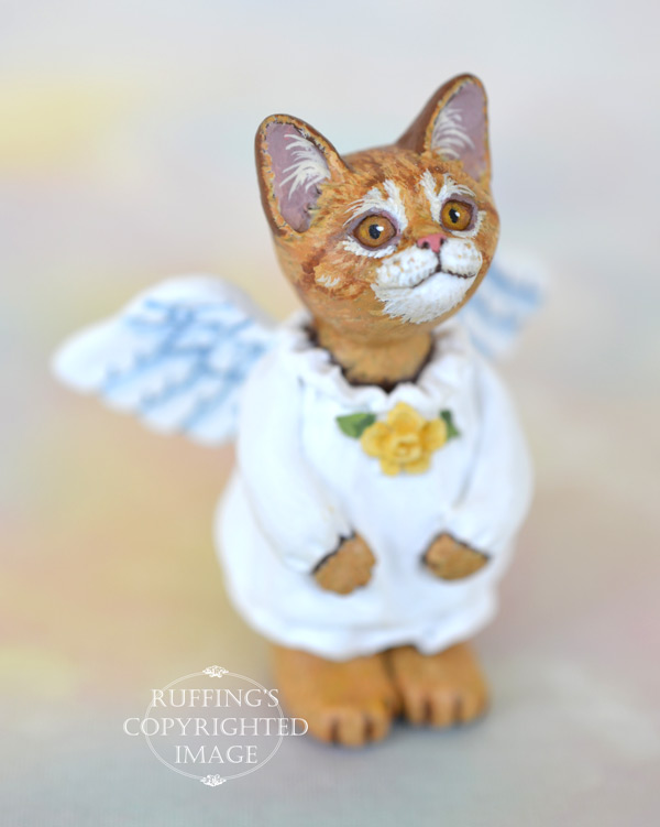 Celeste, miniature ginger tabby cat angel art doll, handmade original, one-of-a-kind kitten by artist Max Bailey