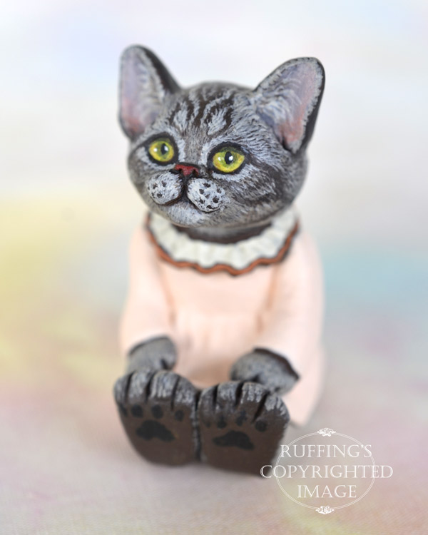 Colette, miniature silver tabby American Shorthair cat art doll, handmade original, one-of-a-kind kitten by artist Max Bailey