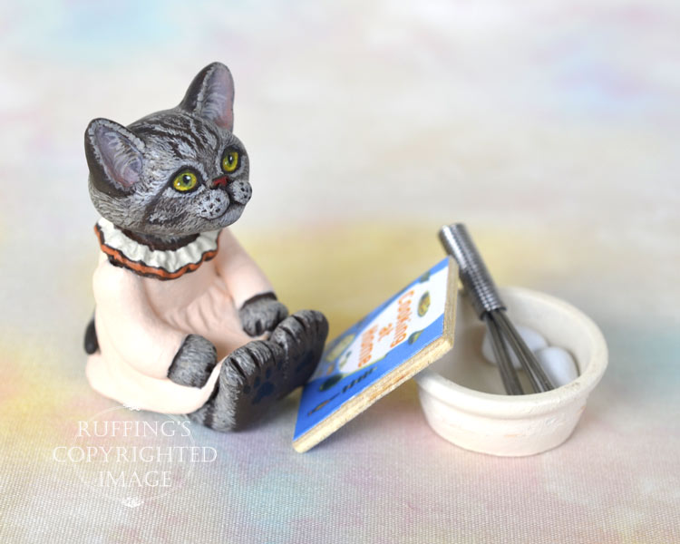 Colette, miniature silver tabby American Shorthair cat art doll, handmade original, one-of-a-kind kitten by artist Max Bailey