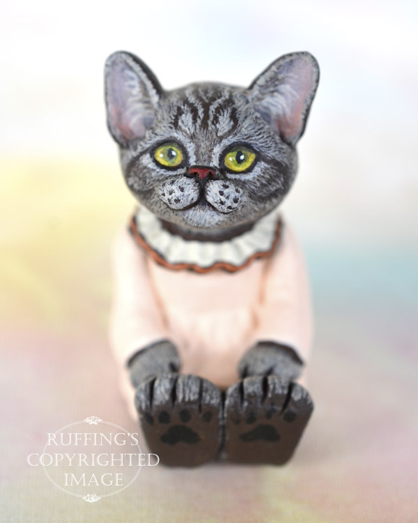 Colette, miniature silver tabby American Shorthair cat art doll, handmade original, one-of-a-kind kitten by artist Max Bailey