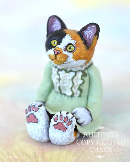 Coralee, miniature calico cat art doll, handmade original, one-of-a-kind kitten by artist Max Bailey