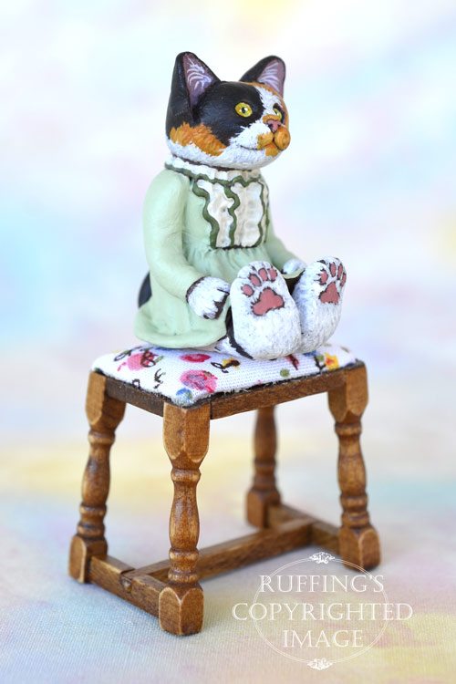 Coralee, miniature calico cat art doll, handmade original, one-of-a-kind kitten by artist Max Bailey