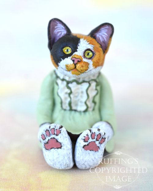 Coralee, miniature calico cat art doll, handmade original, one-of-a-kind kitten by artist Max Bailey