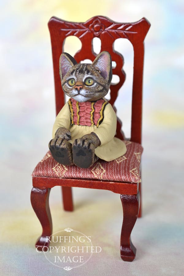Corinne, miniature tabby cat art doll, handmade original, one-of-a-kind kitten by artist Max Bailey