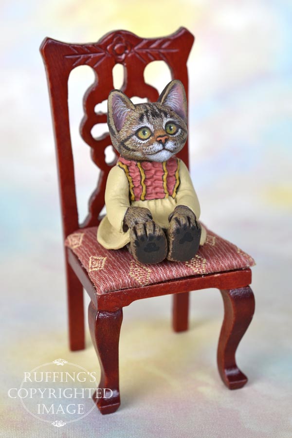 Corinne, miniature tabby cat art doll, handmade original, one-of-a-kind kitten by artist Max Bailey