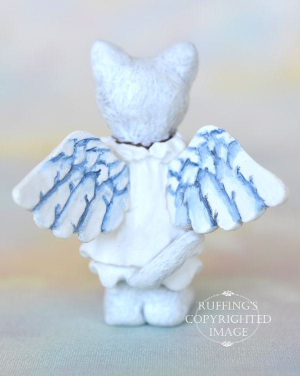 Crystal, miniature white cat angel art doll, handmade original, one-of-a-kind kitten by artist Max Bailey